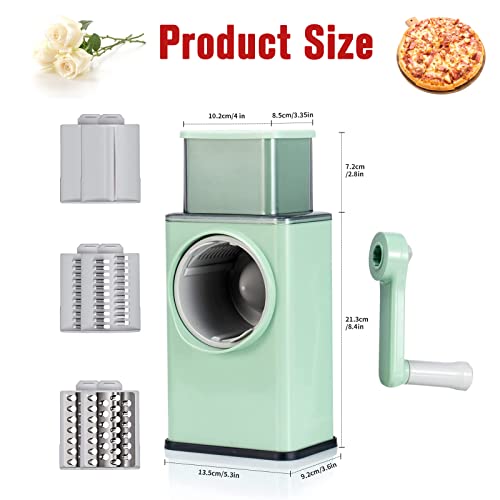Upgraded Rotary Cheese Grater Shredder - 3 Interchangeable Blades Strong Suction Base Kitchen Mandolin Cutter Manual Fast Vegetable Slicer Chopper Cutter For Potato Fruit Vegetable Nuts (Green) #TOP7