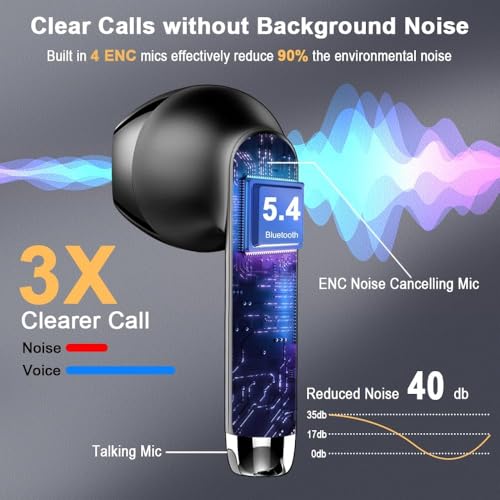 Image of Wireless Earbuds, Bluetooth 5.4 Headphones in Ear 2025 Wireless Earphones with 4 ENC Mic, Mini Ear buds with HiFi Stereo Deep Bass, 56H Playtime Dual LED Display, Bluetooth Earbud IP7 Waterproof USB-C