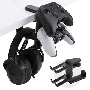 PC Gaming Headset and Controller Stand, 3-in-1 Under-Desk Clip Universal Headset Controller Hook, 360° Adjustable Rotating Arm Clamp with Cable Clip Organizer (Black)