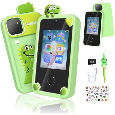 Green Dinosaur Kids Phone, 2.8" IPS Touchscreen Kids Smart Phone, Fake Phone Dual Cameras with 8GB SD card, Smart Kids Phone for Girls Boys Ages 3-12, Toddler Play Phone with Music Player/ Games/Video Cover