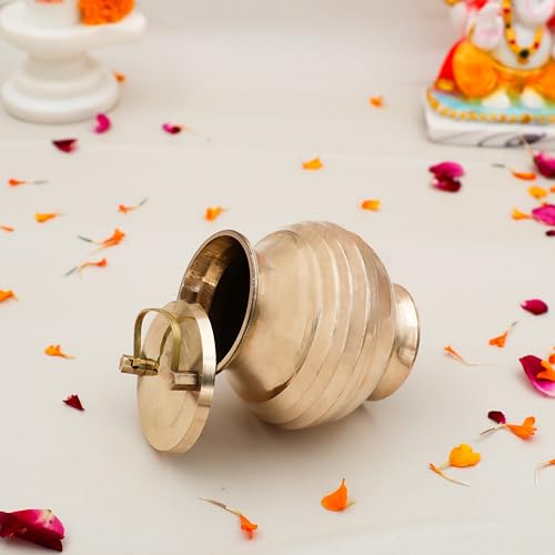 Image of Brass Pavitra Kamandal | Gangajali | Kalash | Lota | with Lid for Gangajal | Holy Water Pot for Temple & Home and All Pooja (Capacity : 400ml | Size : 11cm | Weight : 229gm Approxe)