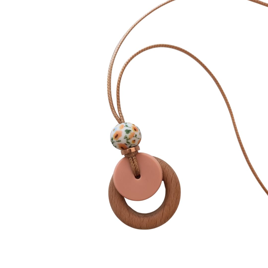Breastfeeding and Nursing Necklace with Natural Beechwood for Mum and Baby - Floral Textured Feeding Necklace - Pink Nursing Pendant