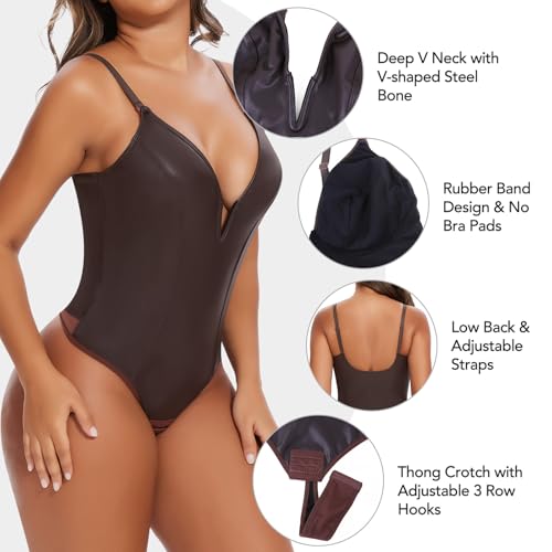 SHAPERIN Women's Deep V Neck Faux Leather Bodysuit Tummy Control Shapewear Thong Body Shaper Plunge Cami Corset Top (Large,Brown)