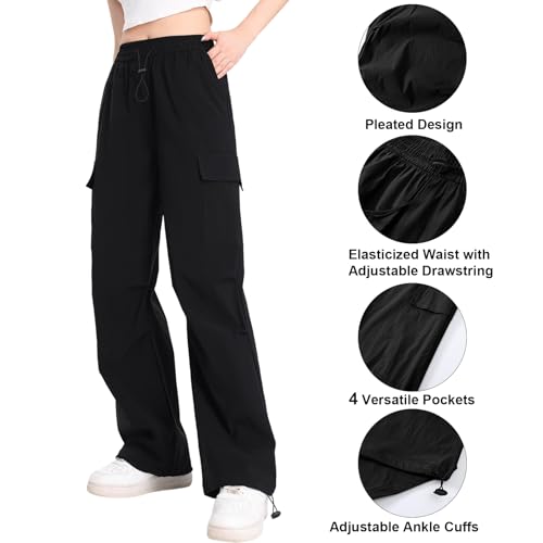 Atxnn Cargohose Damen Y2K Weites Bein Wanderhose Schnell Trocknend Hose Arbeitshose mit Multi Taschen Kordelzug Freizeithose,SCHWARZ L