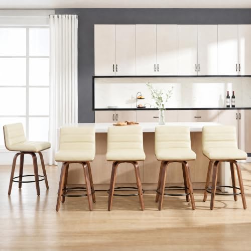 Image of Swivel Bar Stools Set of 5,26 inch Faux Leather Counter Height Barstools with Back,Mid Century Modern Upholstered Bar Chairs with Bentwood Legs Island Stools for Kitchen Counter Beige