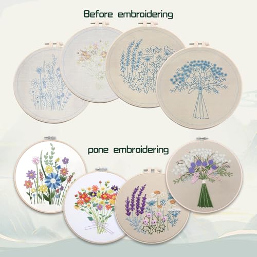 Image of CBBGGR 4 Sets Embroidery Kit for Beginners ,Color Threads Needle Kit,Learning DIY Kit with Easy Instruction Video,Hand Embroidery Kit Includes Hoop