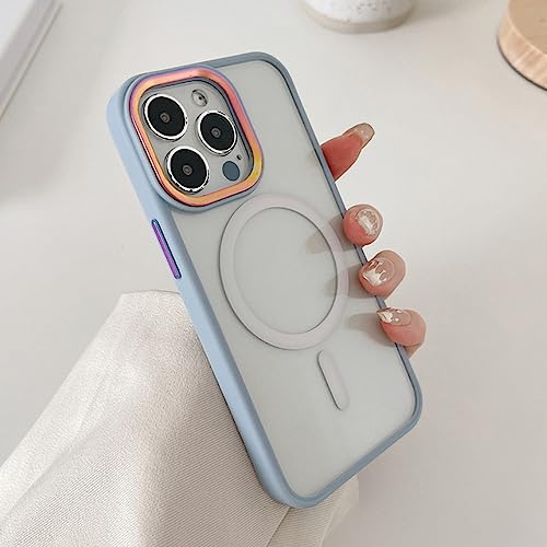 Coque luxe iPhone 14 magnétique avec protection caméra en métal laser bleu sierra