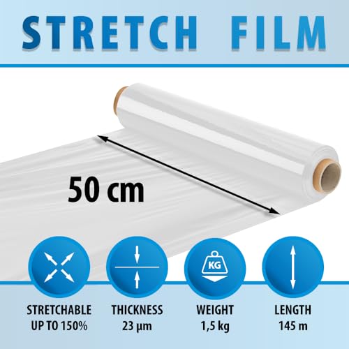 OFFICE PRODUCTS Stretchfolie / 1 Rolle/Palettfolie Handstretchfolie Strechfolienrolle/ 1,5 kg netto, Breite 500 mm, 23 µm/Transparent/Wickelfolie Packfolie und Umzug/Verpackungsfolie