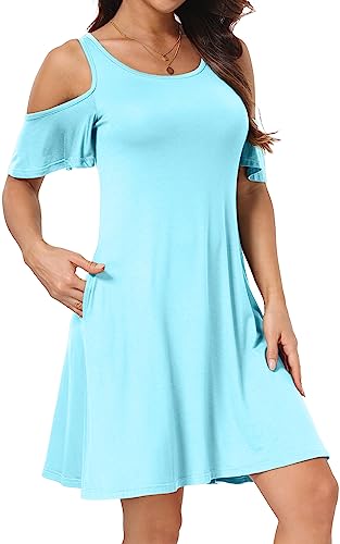 Image of Short /Long Sleeve Women's Cold Shoulder Dress with Pockets Casual Swing T-Shirt Dresses