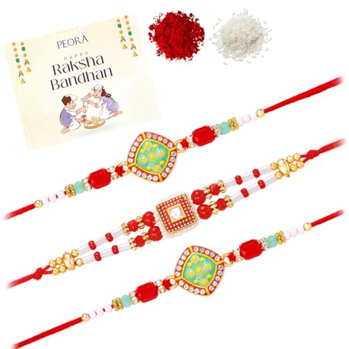 Image of Peora Rakhshabandhan Thread Rakhi for Brother Bhaiya | Crystals & Kundan Studded | Combo, Set of 3 | Rakhi Hamper with Roli Chawal & Greeting Card