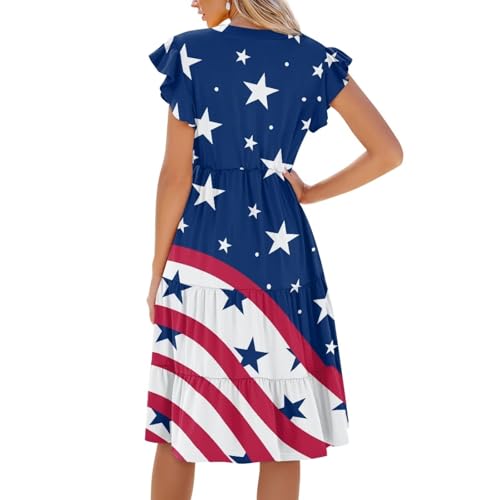 Image of Women's Casual Ruffle Sleeve Dress V Neck Pullover Dress Flowy A-Line Pleated Lightweight Dress with Pockets