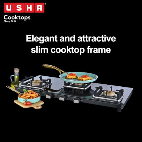 Image of USHA Ebony Slim 3 burner (EBSL3SGC) with stainless steel body, glass cooktop, large space for parallel cooking, square pan support and integrated drip tray