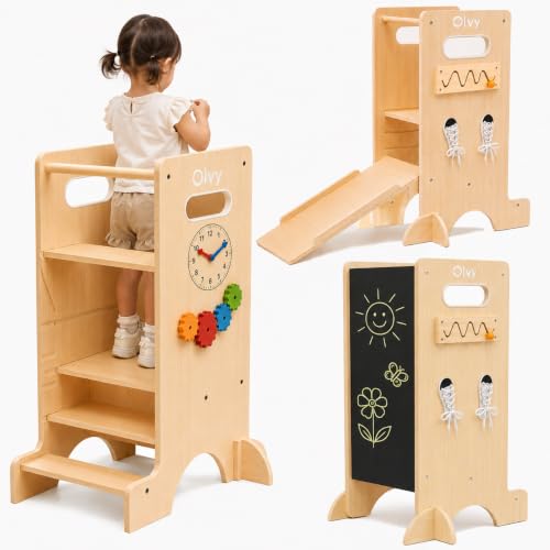 Olvy Kids 4-in-1 Montessori Lernturm - Learning Tower - Trittleiter Holz - Kindertritt 4 Stufen - Küchenturm Kinder - Steh Lernturm ab 1 Jahr - Kindertreppe Faltbar
