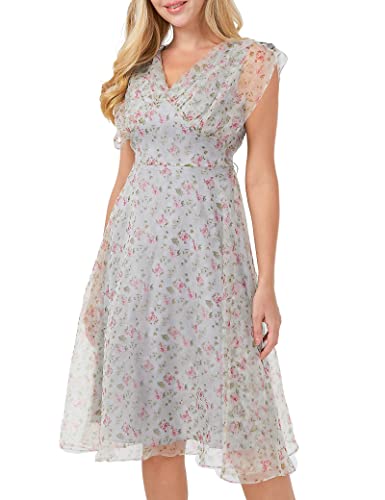 Sdeer Women's Summer V Neck Tulle Dress, Flutter Sleeve Ruffle Floral Print Formal Party Beach Midi Dresses(Grey,M) #TOP1