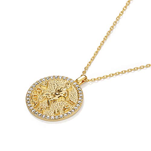 Constellation Necklace Pendant 14K Gold-Plated Hammered Round Disc Engraved Zodiac Sign Pendant 16.9’’ Adjustable Dainty Necklace Mothers Gifts for Her3