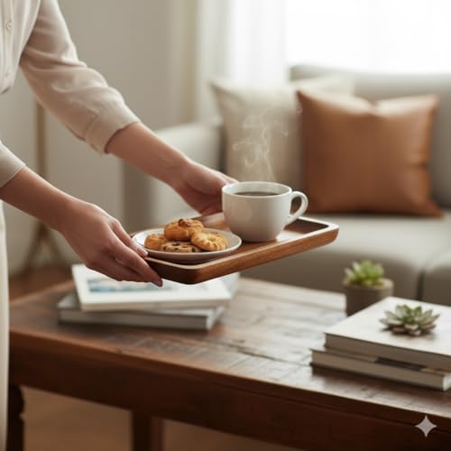 Image of Wooden Serving Tray for Tea & Coffee | Handcrafted Acacia Wood Platter for Breakfast, Snacks, Drinks | Lightweight & Durable | Kitchen & Dining Decor Tray (Platter)