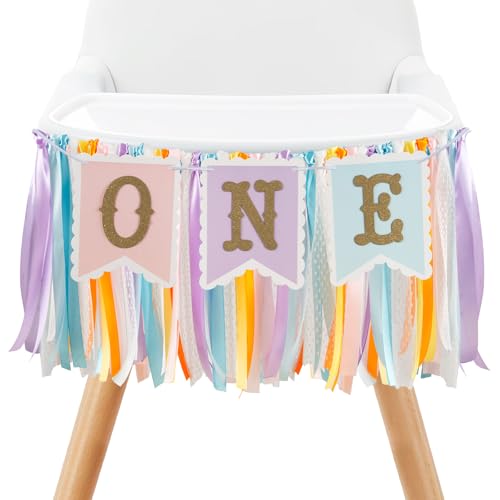 Image of Rainbow High Chair Banner for 1st Birthday - Macaron Color inchONE inch Garland with Tulle for Baby Girl Smash Cake Photo, First Birthday Party Decorations