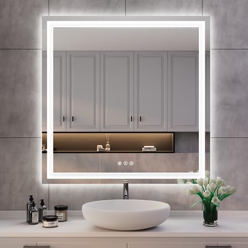 ISKM LED Mirror for Bathroom Lighted Vanity Mirror for Wall Front Lights + Backlit LED Bathroom Mirror Anti-Fog Tempered Glass ETL Listed (Front and Backlit, 38''L x 38''W)