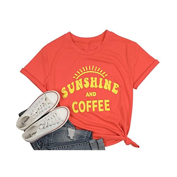 JINTING Sunshine Tshirts Funny Summer Graphic Tee Shirts for Women Letter Print Funny Coffee Tee Shirts Tops (Large, Orange Red)