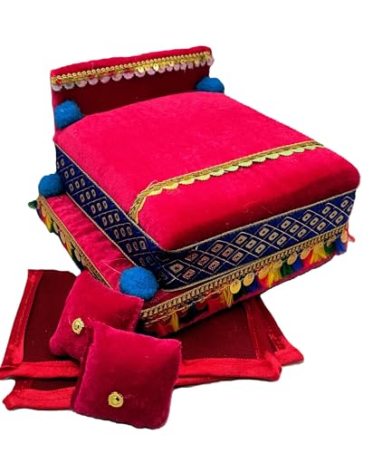 Image of RD Handicraft Thakur ji Bed, Laddu Gopal ji Bed, Bal Gopal ji Bed with Blanket Silk All Purpose Chowki |Rani (17x16x10 cm)