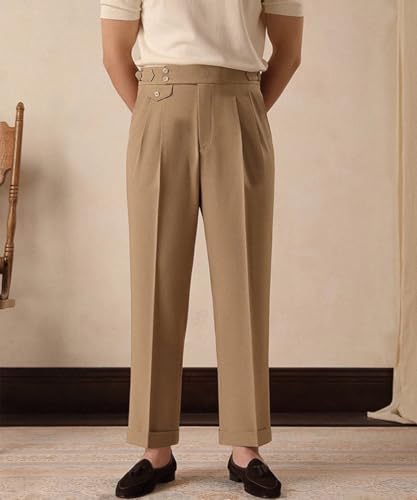 Vintage Men's High - Waisted Pleated Cotton Trousers with Buckle, Retro Fit for Daily2