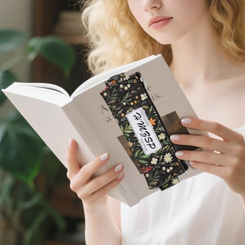 Image of Adjustable Elastic PU Pen Holder for Notebook, Stationery School Supplies Zipper Bag for Journals, Book,Planners,Black Flower,2 PCS
