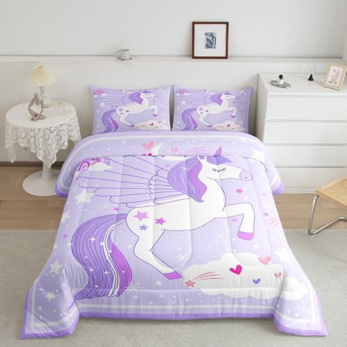 Feelyou Purple Unicorn Bedding Set King Size for Kids Girls Cute Rainbow Comforter Set Glitter Star Duvet Set Love Heart Quilt Set 3Pcs