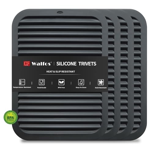 Comparison: Best Trivets For Quartz Countertops 2 Walfos Silicone Trivets for Hot Pots and Pans - 446°F Heat Resistant Hot Pads for Kitchen Counter- 4 Pcs Multi-Purpose & Versatile Trivet Mat - Long-Lasting & Flexible Silicone Hot Pad(Black)