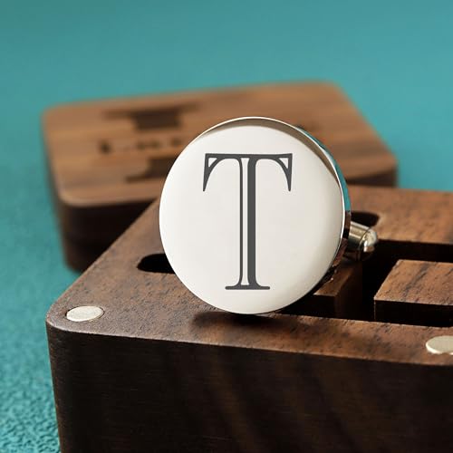 Mens Classic Initial Cuff links A-Z Alphabet 26 Letters Stainless Steel Silver CuffLinks with Engraved Walnut Wood Gift Box Business Wedding Set4