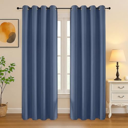 Image of Simplebrand Denim Curtains for Bedroom Living Room 72 Inches Long 2 Panels Set, Room Darkening Thermal Insulated Curtains & Drapes, Solid Grommet Noise Reducing Window Treatment, W50 x L72 Inch