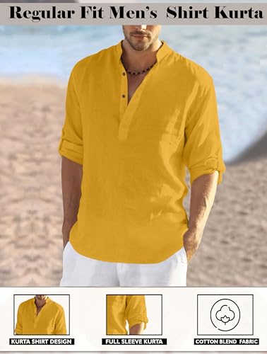 Image of FINIVO FASHION Men's Cotton Blend Solid Full Sleeve Combo Short Kurta Shirt, Regular Fit Solid Pattern Mandarin Collar Straight Kurta Shirt