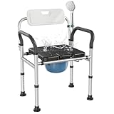 Heavy Duty Bedside Commode Chair with Adjustable Height, Raised Toilet Seat with Arms Handles and Back Support for Elderly, Portable Bedside Toilet with Bucket（Width 19.69
