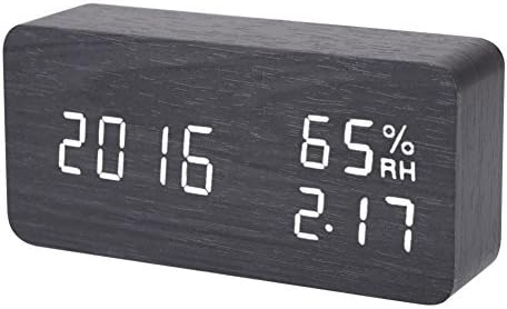 HOPESOOKY LED Alarm Clock, Wooden Digital Alarm Clock Sound Activated Display with Time Date Temperature Humidity (Black-White)