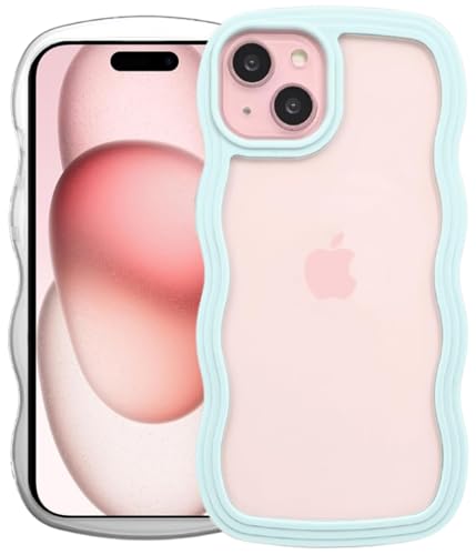 Image of GoldKart iPhone 15 Plus Case Wavy Edge Clear Back Design, Anti-Slip Grip Cute Wave Curly Frame Shape Shockproof Soft TPU & Hard PC Bumper Protective Phone Case Cover for Women Girls - Light Blue