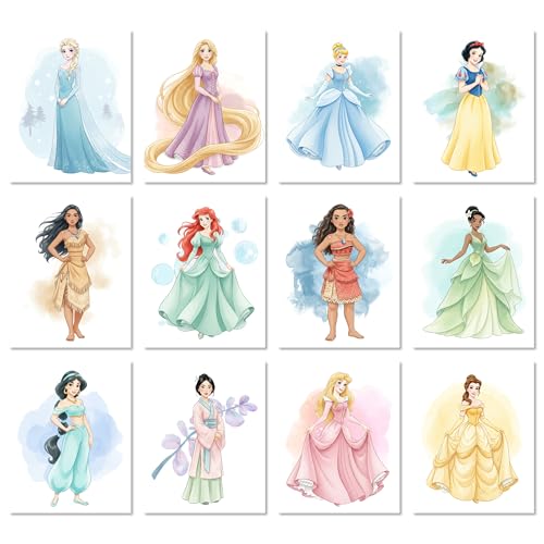 Lot de 12 décorations murales princesse pour chambre d'enfant, décoration de chambre de fille, Belle, Moana, Cendrillon, Elsa, Raiponce, Ariel, Jasmin, Mulan, Pocahontas, Aurore, Blanche-Neige, Tiana