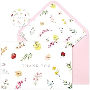 Whaline 24 Pack Floral Thank You Cards Watercolor Spring Flower Greeting Cards with Envelopes Stickers Wildflower Blank Note Cards for Wedding Birthday Baby Shower Party Supplies