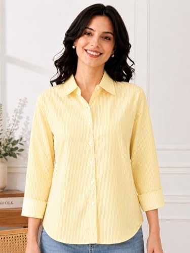 Image of Cotton Striped Shirt for Women with Long Sleeves, Ultra-Soft Cotton Blend, Regular Fit Womens Stylish Casual Shirt, Formal, Party, Beach, Summer Wear