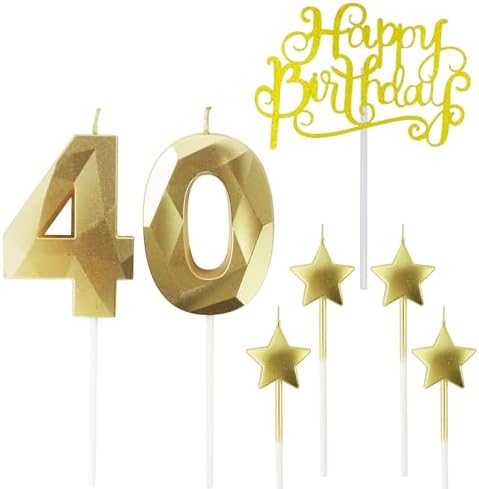 NIJGNSUG Golden Number 40 Birthday Candles and Star Birthday Cand...