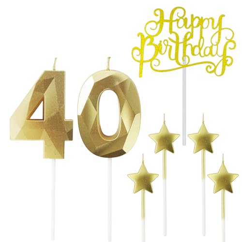 NIJGNSUG Golden Number 40 Birthday Candles and Star Birthday Candles,