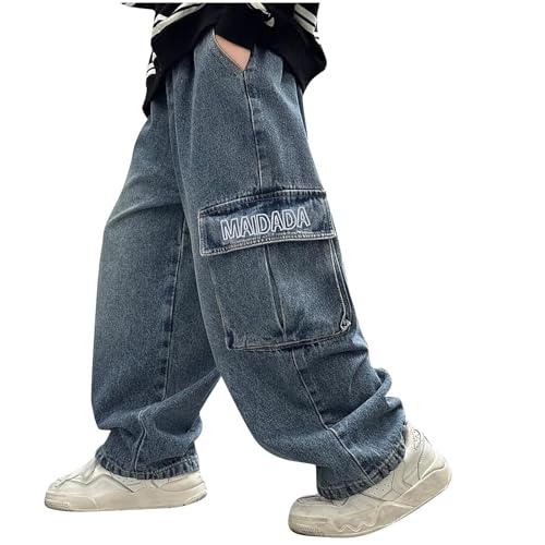 Boys Cargo Jeans Y2k Baggy Denim Pants Multi Pockets Wide Leg Loose Boyfriend Jeans for Kids 5-15 Years