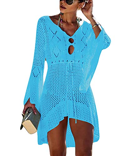 Ailunsnika Women V Neck Crochet Beach Tunic Dress Sexy Knitted Hollow Long Sleeve Bikini Swimsuit Cover Up Light Blue