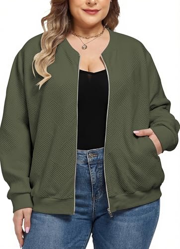 Theenkoln Women Plus Size Jackets: Full Zip Up Long Sleeve Bomber Casual Lightweight Sweatshirts Oversized Jacket Amy Green 3X
