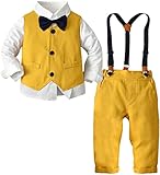 SANGTREE Boys Dress Clothes Set, 3PCS Formal Suits with Bowtie Dress Shirt + Suspender Pants + Suit Vest Wedding Clothing Outfits for Boys, 1# Yellow, 12-18 Months = Tag 80