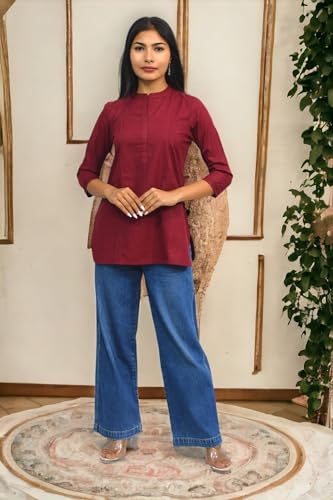 Image of JAIPUR HAND BLOCK Women's Pintuck Plain Short Cotton Kurti|Top STYLE-S91