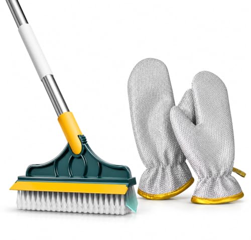 Image of Combo of Green Bathroom Cleaning Brush with Wiper and (Aluminium Dishwashing Hand Glove), Cleaning Brush with Long Handle, Floor & Tiles Cleaner Brush, Bathroom Cleaning Accessories, Washroom Brush