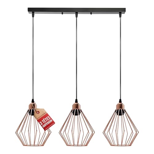 LEDSone 3 Head Rose Gold Vintage Industrial Ceiling Hanging Light Cage Shade Loft Style Metal Ceiling Pendant Lamp for Kitchen Island, Living Room, Dining Room E27 UK Holder Kit (Diamond- Rose Gold)