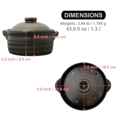 Banko-Ware-Japanese-Rice-Cooker-Pot-for-IH-and-Gas-Stove-Double-Lid-Durable-Metal-Bottom-Oven-Safe-Cute-Dot-Design-Includes-English-Instruction-Manual-Black-lid