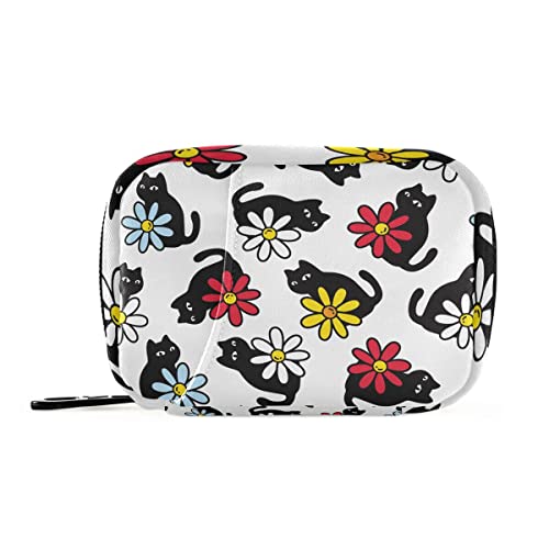 Akiraki ピルケース 薬ケース お薬入れ 小分け 携帯用 コンパクト 黒猫 花柄 かわいい ホワイト 猫 お薬収納ポーチ 大容量 小物入れ サプリメントケース 常備薬 飲み忘れ防止 旅行 アウトドア 出張