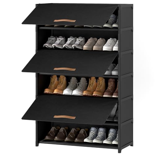 Shoe Rack, 7 Tier Shoe Storage Cabinet with Door 28 Pair Plastic Shoe Shelves Organizer for Closet, Entryway, Hallway, Bedroom, Black
