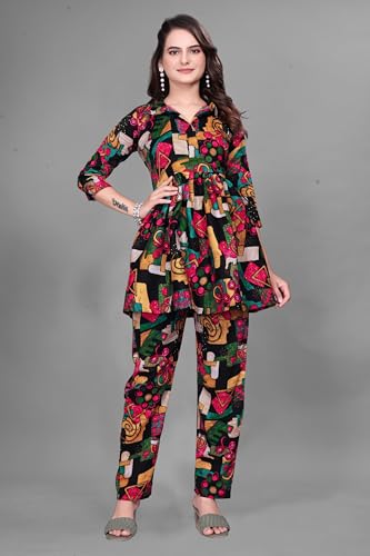 Image of Women Crepe 3 /4 Sleeves V Neck Cord Set Featuring Floral Pattern Design 2 Piece Ethnic Wear Set